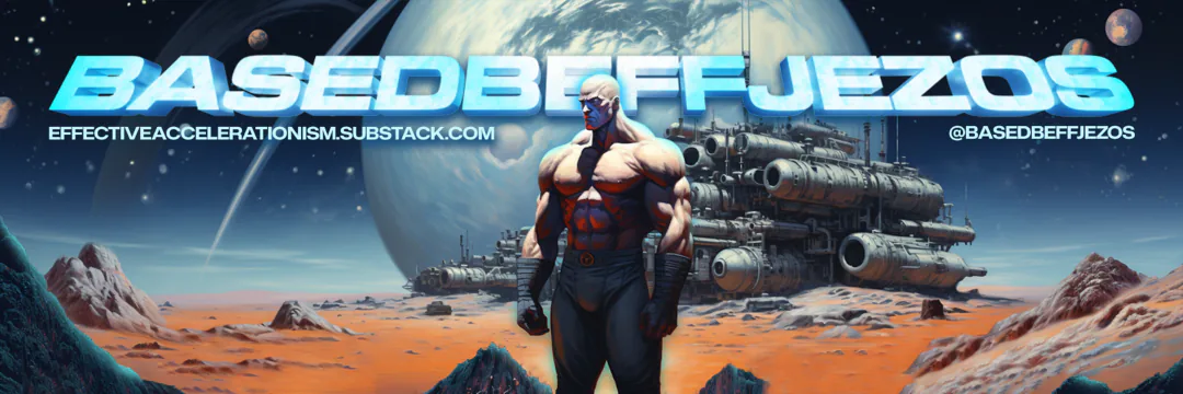 Profile cover designed for @basedbeffjezos: a hulking figure standing on an orange Martian plain in front of industrial machinery, with BASEDBEFFJEZOS set in chrome lettering across the top