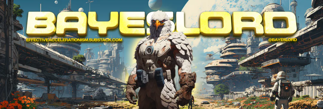 Profile cover designed for @bayeslord: an armoured eagle figure standing in a dense retrofuturist megacity, with BAYESLORD set in yellow lettering across the top