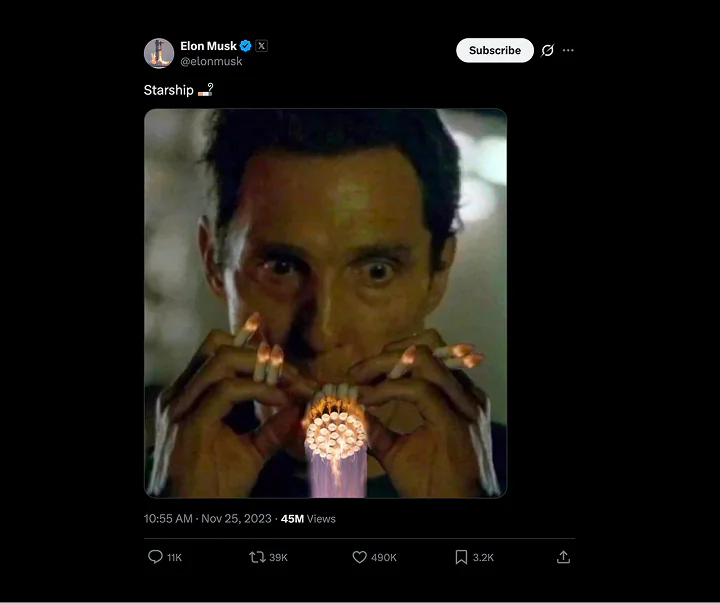 Elon Musk's post of the meme, captioned Starship with a cigarette emoji, showing 45M views, 490K likes and 39K reposts