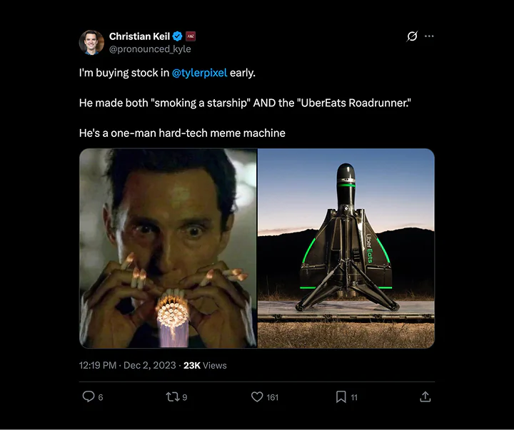 Christian Keil's post showing the Starship meme and the Uber Eats Roadrunner side by side, calling Tyler a one-man hard-tech meme machine