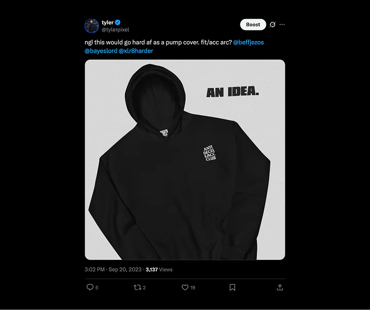 Tyler's post of a black hoodie mockup reading ANTI DECEL EACC CLUB, captioned as an idea