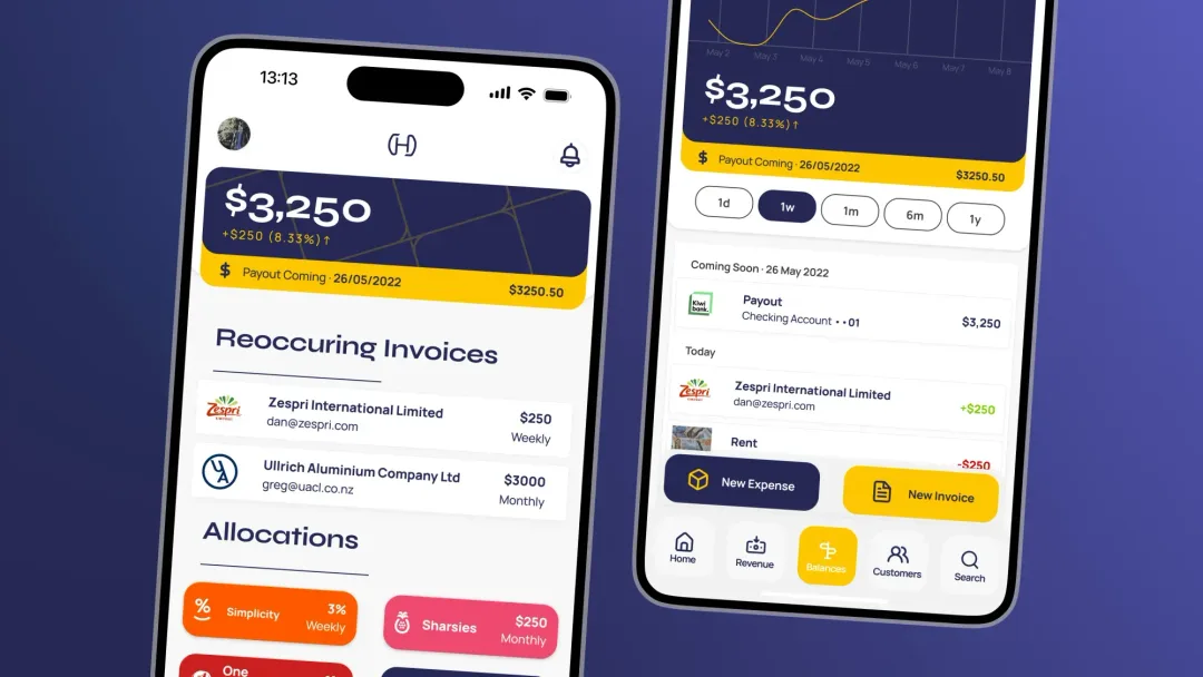 App concept — invoicing and expense tracking flows.